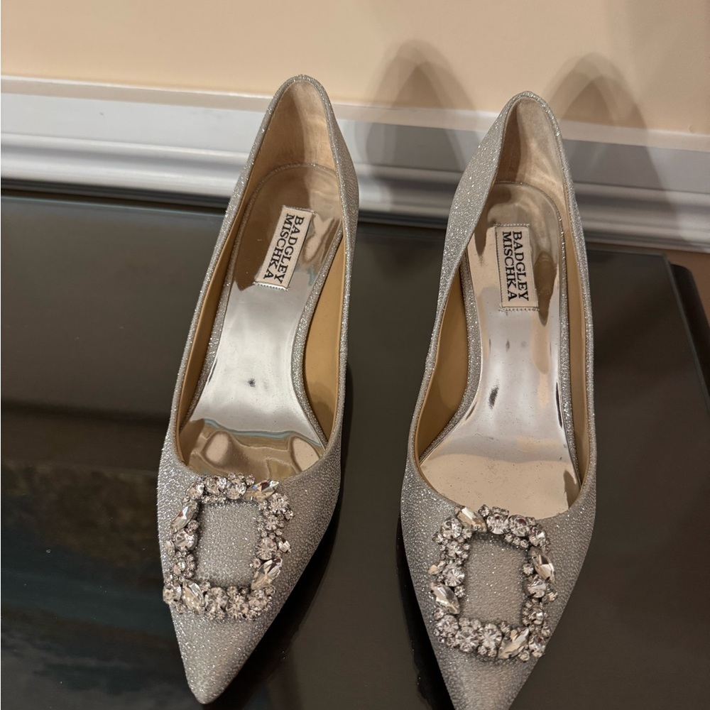Badgley Mischka Silver Heels with Crystal Embellishments